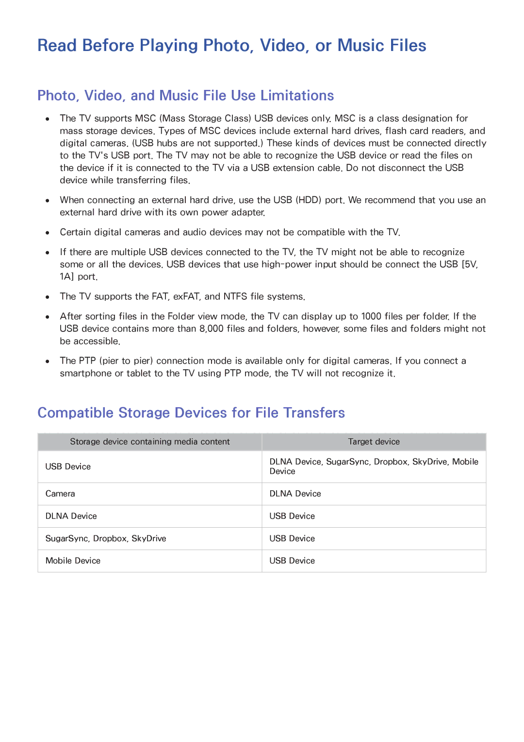 Samsung UN65HU8550 manual Read Before Playing Photo, Video, or Music Files, Photo, Video, and Music File Use Limitations 