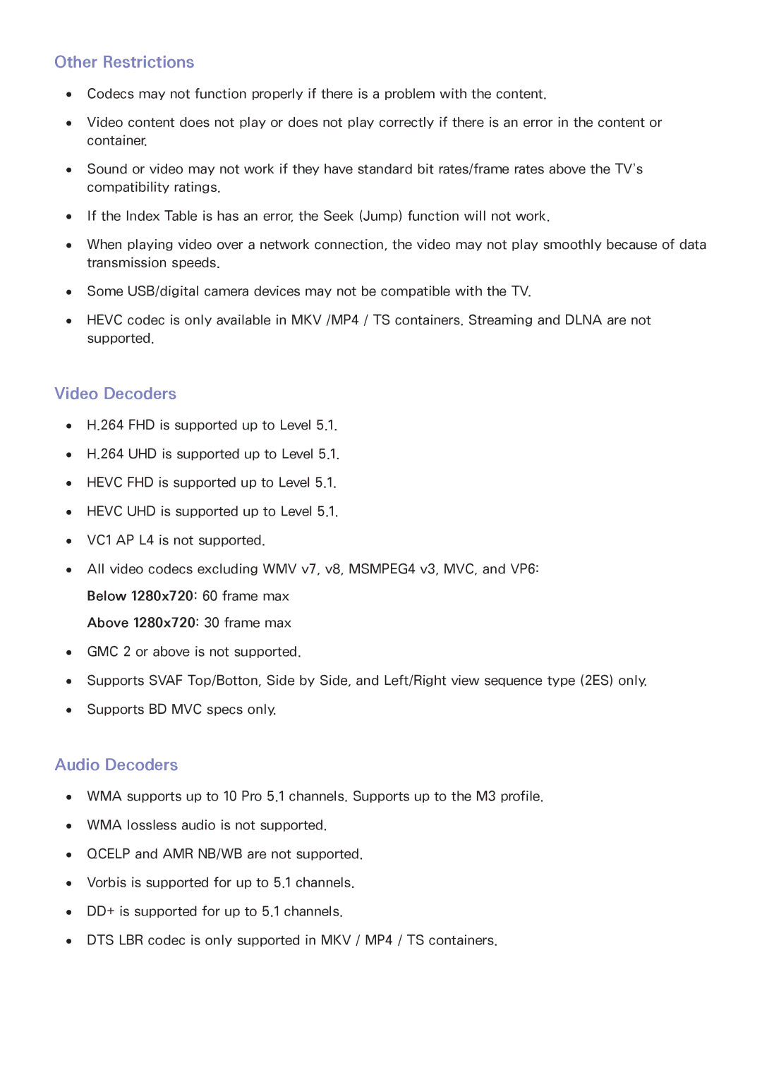 Samsung UN65HU8550 manual Other Restrictions, Video Decoders, Audio Decoders 