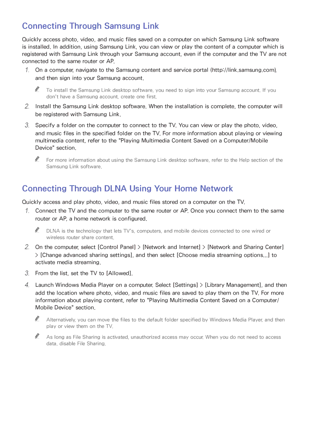 Samsung UN65HU8550 manual Connecting Through Samsung Link, Connecting Through Dlna Using Your Home Network 