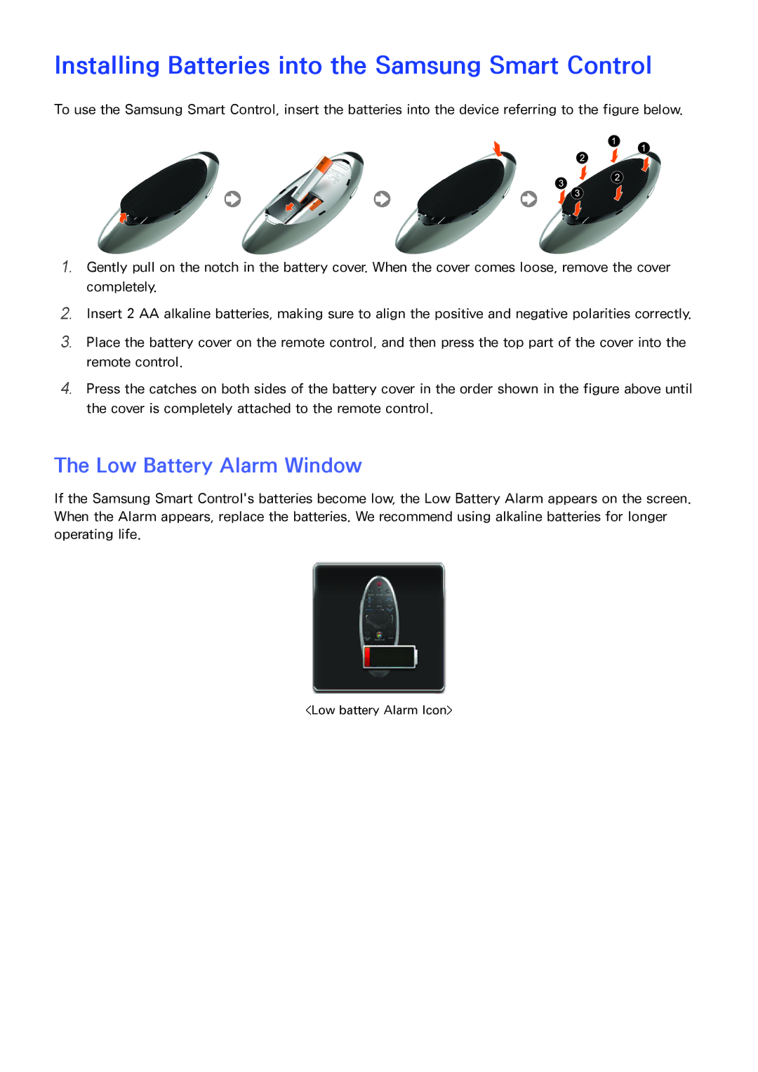 Samsung UN65HU8550 manual Installing Batteries into the Samsung Smart Control, Low Battery Alarm Window 