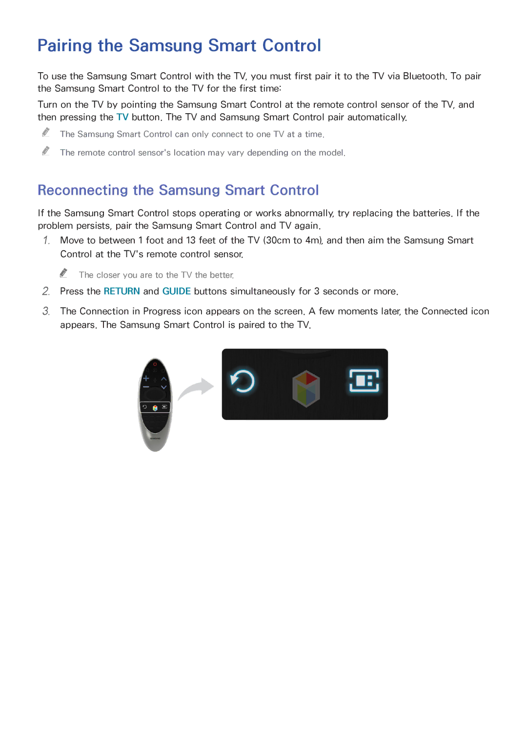 Samsung UN65HU8550 manual Pairing the Samsung Smart Control, Reconnecting the Samsung Smart Control 