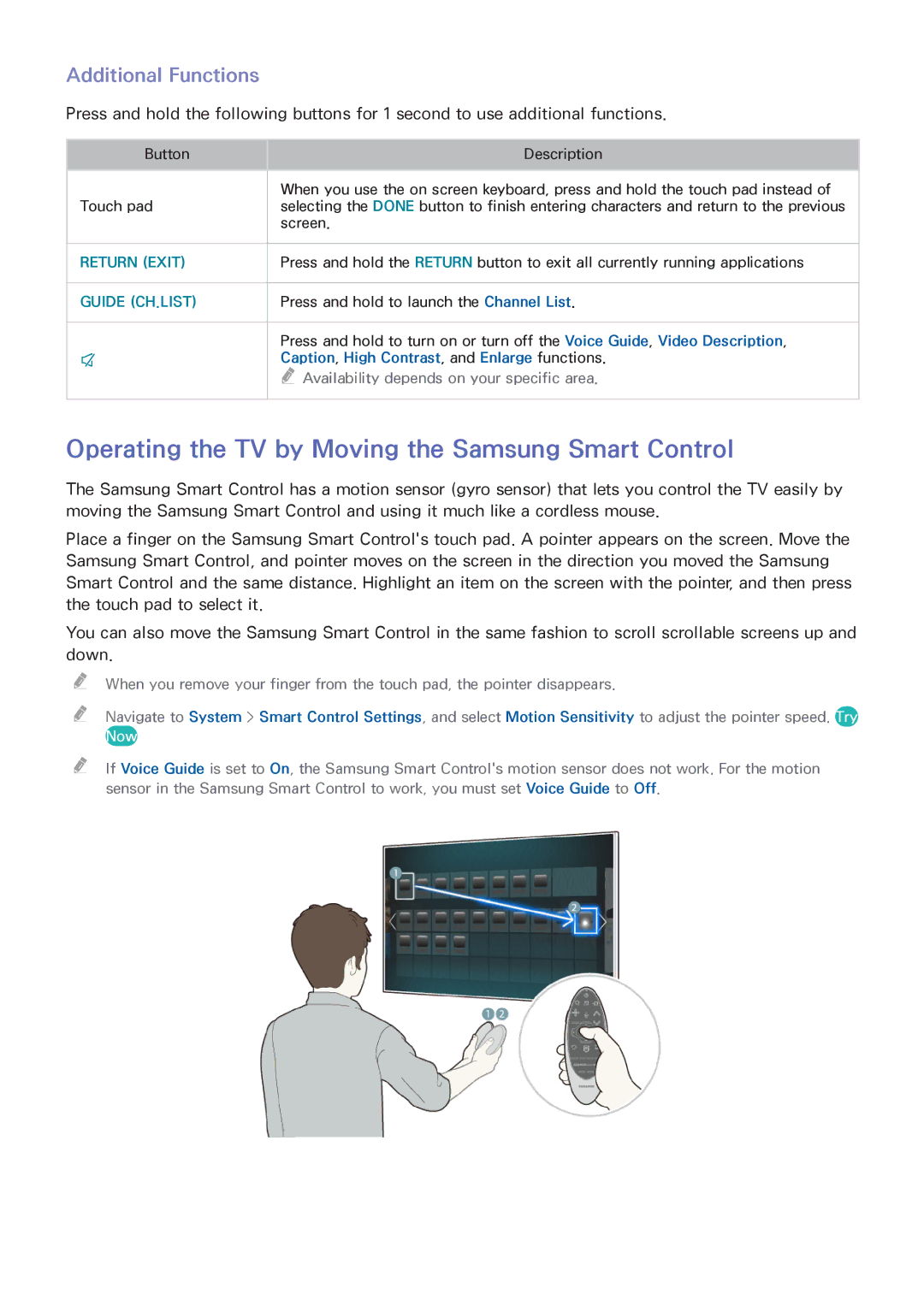 Samsung UN65HU8550 manual Operating the TV by Moving the Samsung Smart Control, Additional Functions 