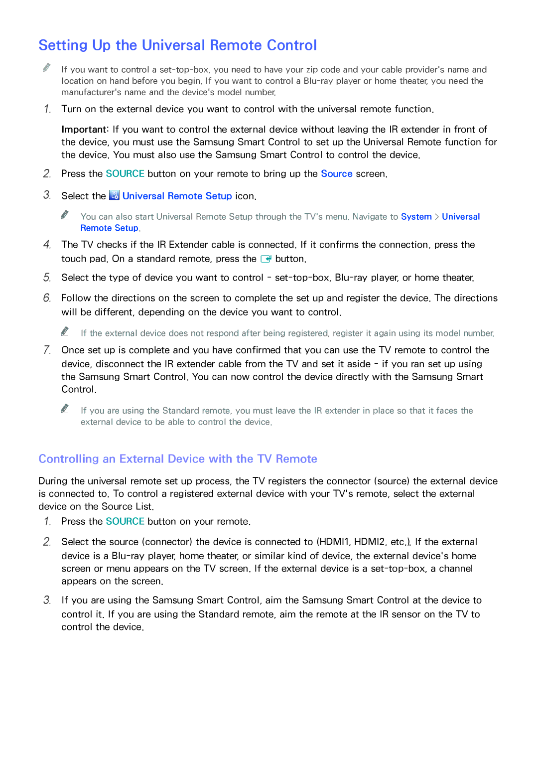 Samsung UN65HU8550 manual Setting Up the Universal Remote Control, Controlling an External Device with the TV Remote 
