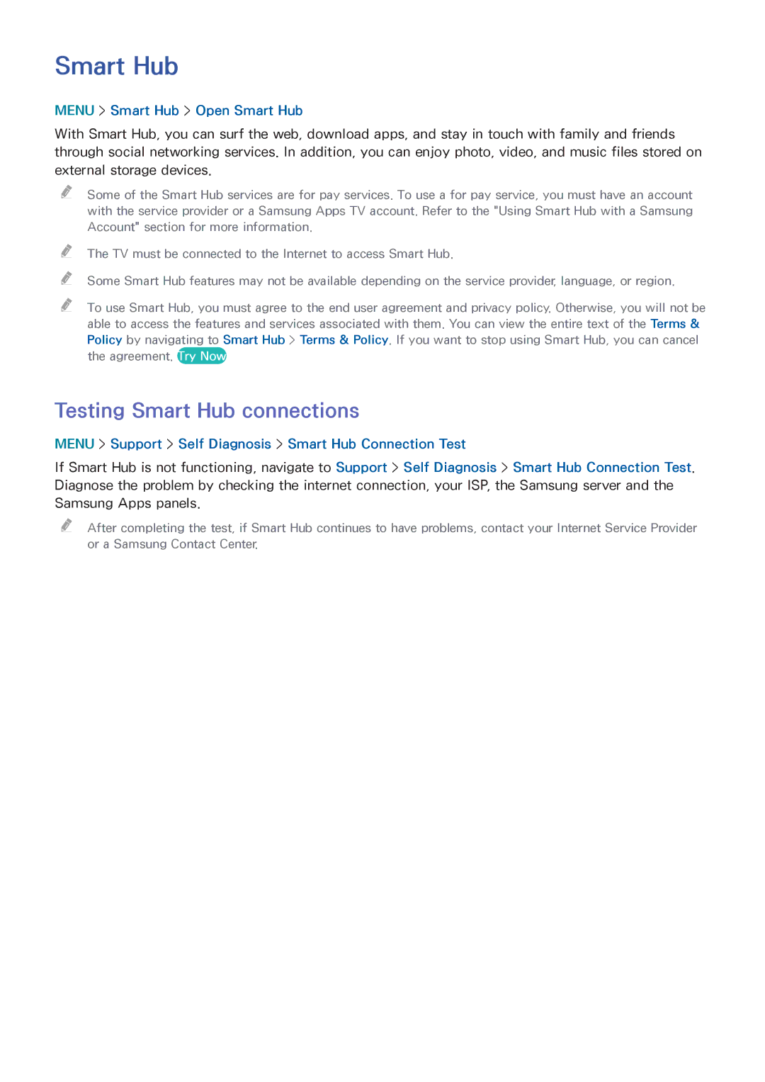 Samsung UN65HU8550 manual Testing Smart Hub connections, Menu Smart Hub Open Smart Hub 