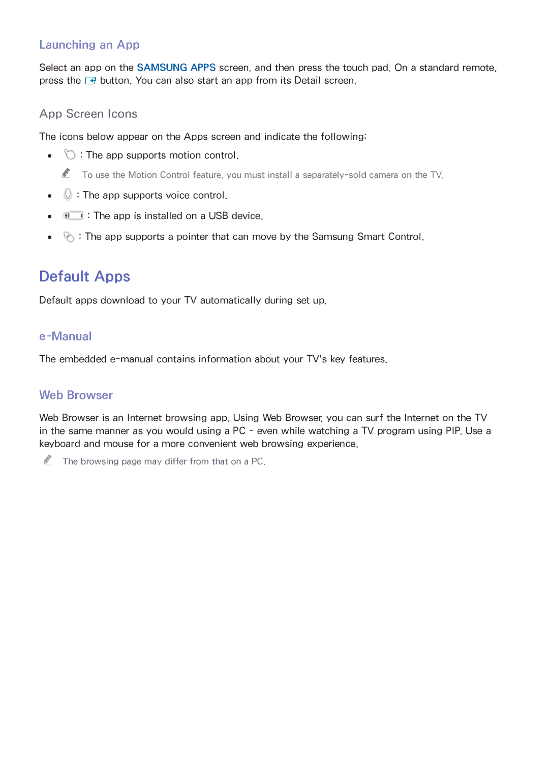 Samsung UN65HU8550 manual Default Apps, Launching an App, Manual, Web Browser 