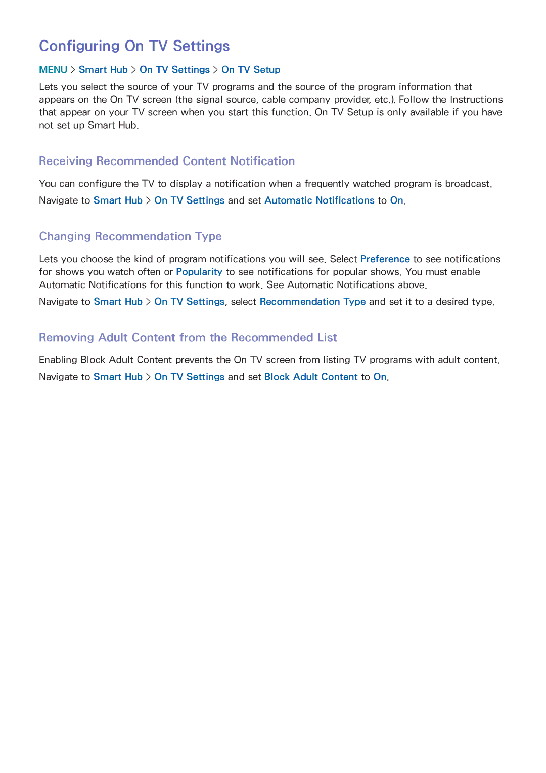 Samsung UN65HU8550 Configuring On TV Settings, Receiving Recommended Content Notification, Changing Recommendation Type 