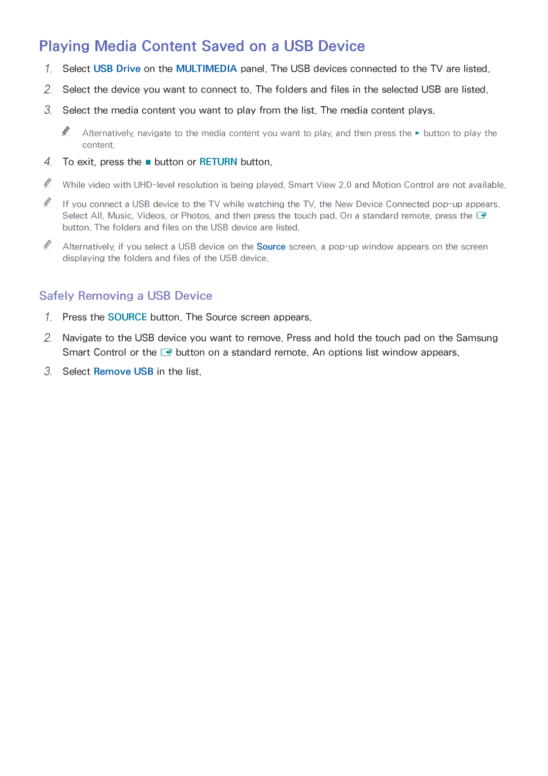 Samsung UN65HU8550 manual Playing Media Content Saved on a USB Device, Safely Removing a USB Device 