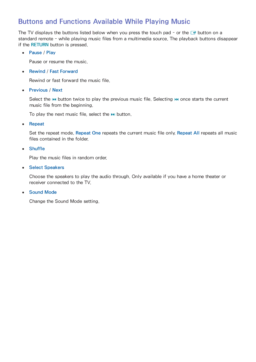 Samsung UN65HU8550 manual Buttons and Functions Available While Playing Music, Repeat, Shuffle, Select Speakers, Sound Mode 
