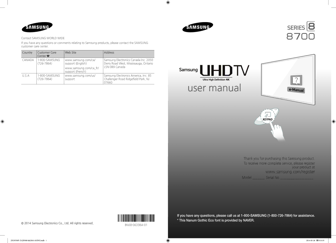 Samsung UN65HU8700 user manual Thank you for purchasing this Samsung product 