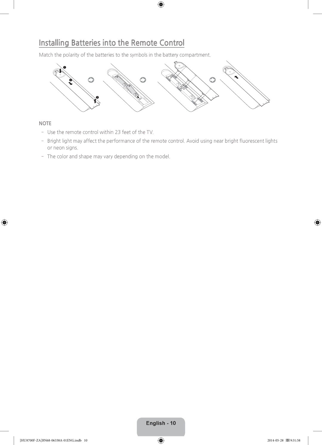 Samsung UN65HU8700 user manual Installing Batteries into the Remote Control 