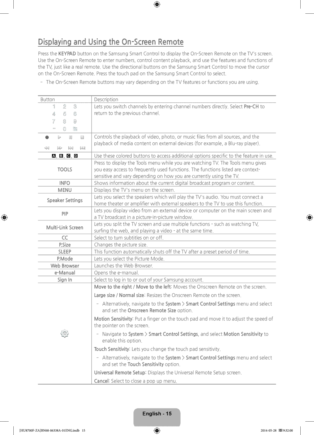 Samsung UN65HU8700 user manual Displaying and Using the On-Screen Remote, Set the Onscreen Remote Size option 