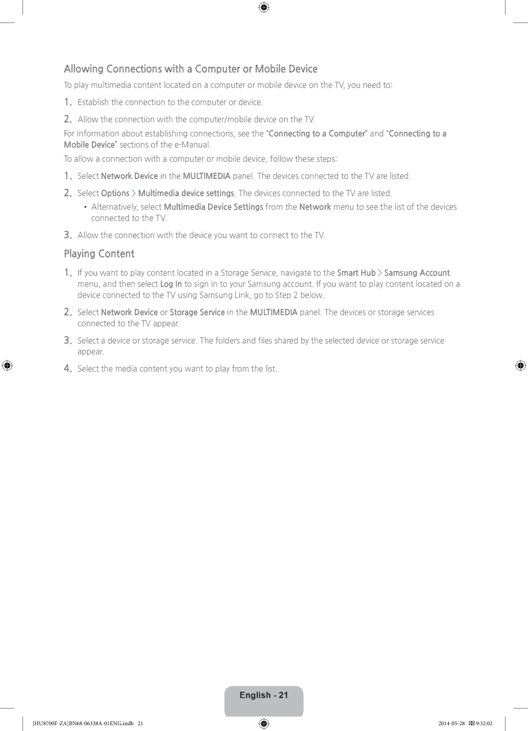 Samsung UN65HU8700 user manual Allowing Connections with a Computer or Mobile Device, Playing Content 