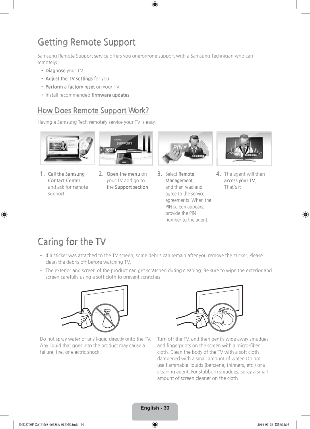 Samsung UN65HU8700 user manual Getting Remote Support, Caring for the TV, How Does Remote Support Work? 