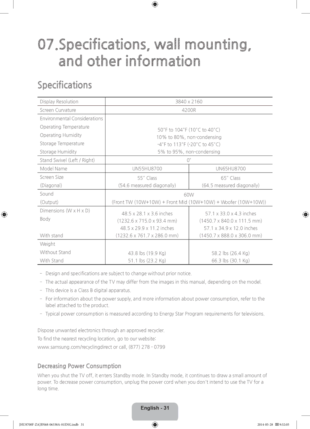 Samsung UN65HU8700 user manual Specifications, Decreasing Power Consumption 