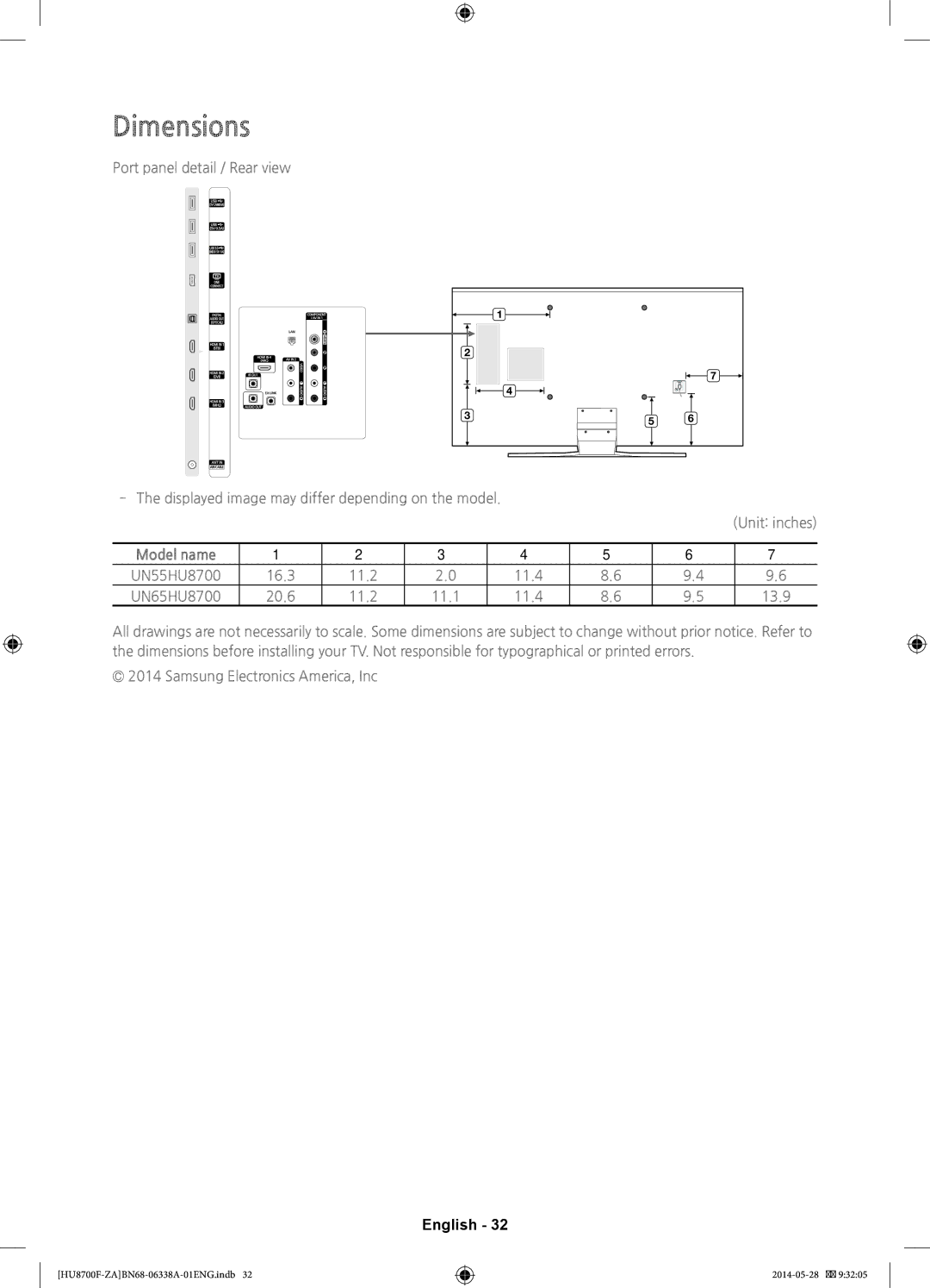 Samsung UN65HU8700 user manual Dimensions 