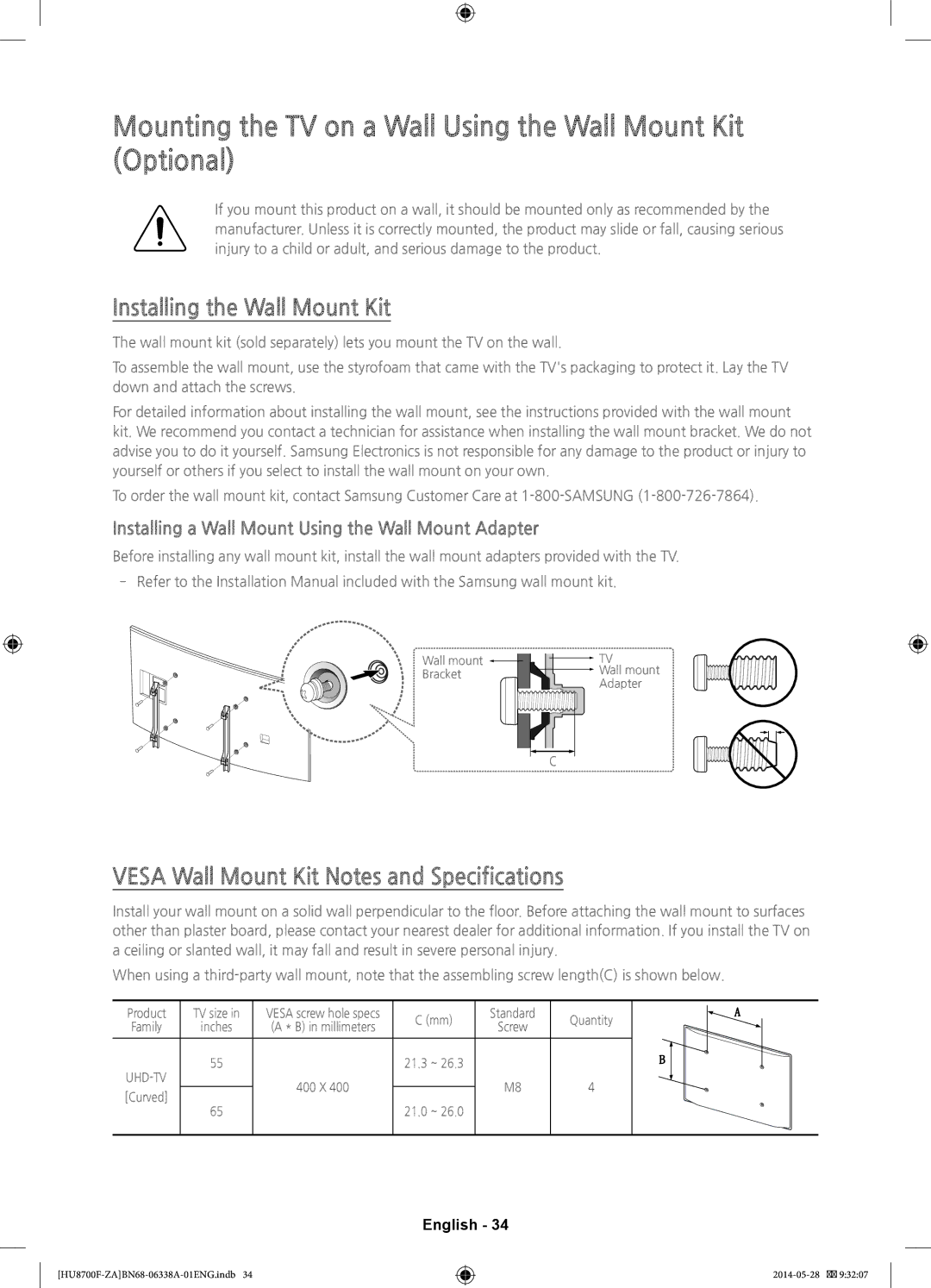 Samsung UN65HU8700 user manual Mounting the TV on a Wall Using the Wall Mount Kit Optional, Installing the Wall Mount Kit 