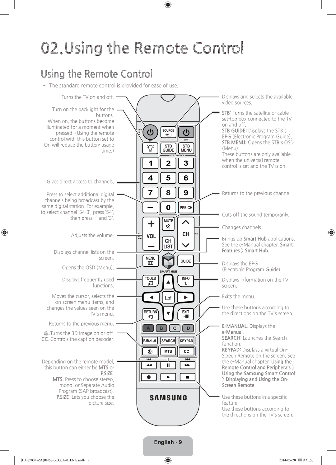 Samsung UN65HU8700 user manual Using the Remote Control 