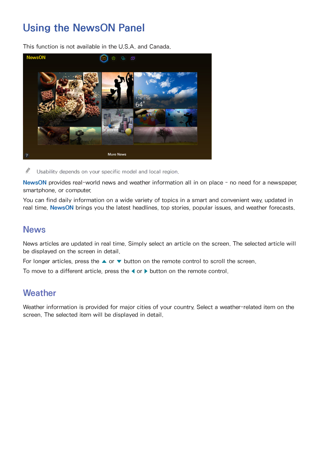 Samsung UN65HU9000 manual Using the NewsON Panel, Weather, This function is not available in the U.S.A. and Canada 