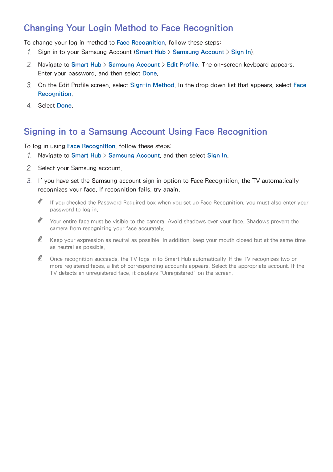 Samsung UN65HU9000 Changing Your Login Method to Face Recognition, Signing in to a Samsung Account Using Face Recognition 