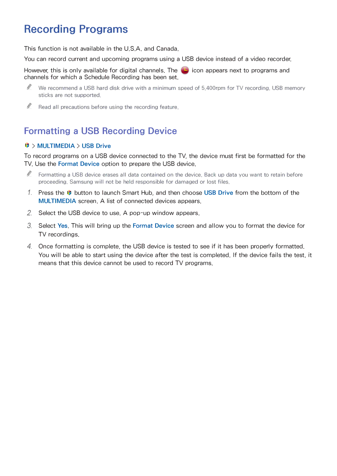 Samsung UN65HU9000 manual Recording Programs, Formatting a USB Recording Device, Multimedia USB Drive 