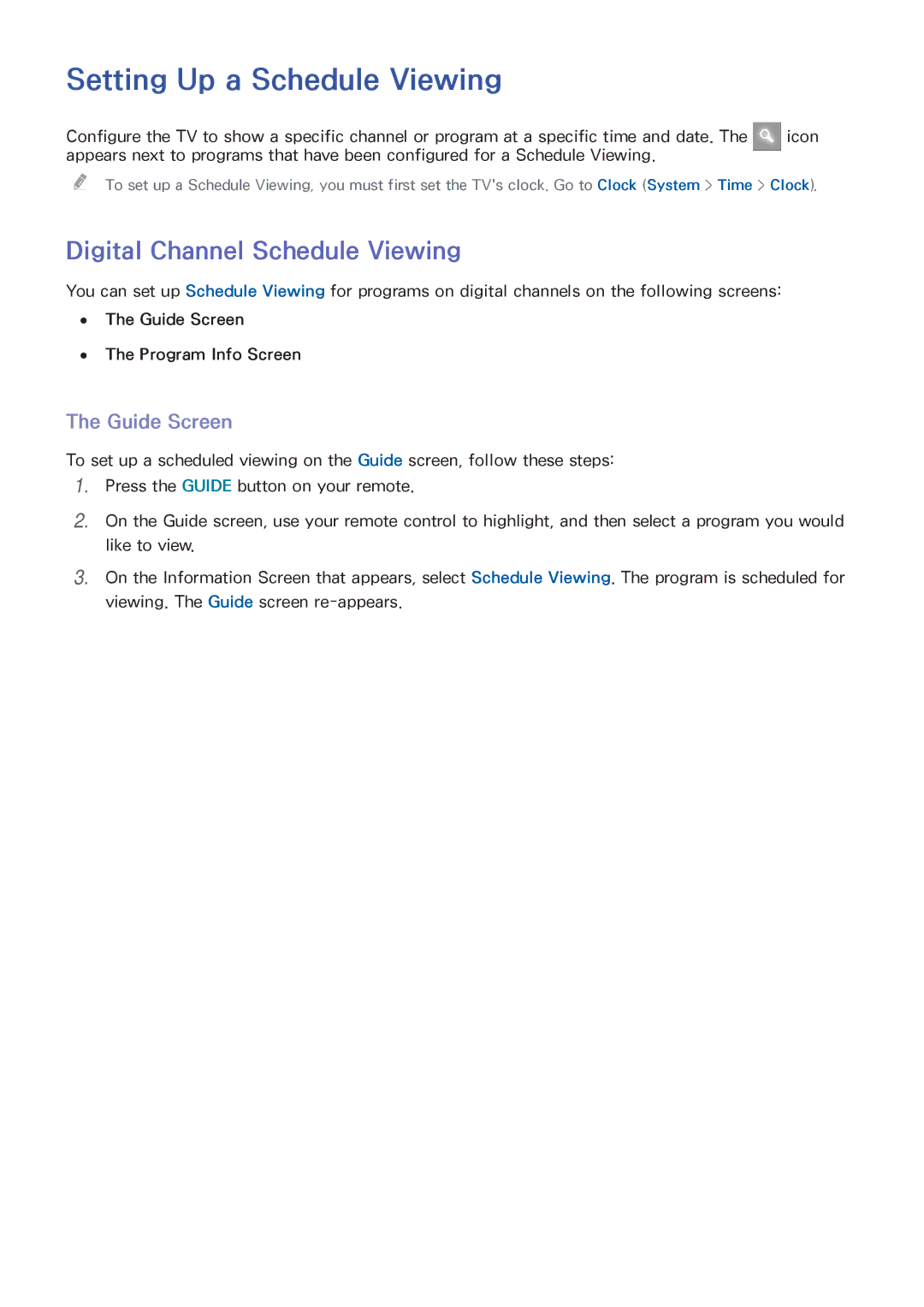 Samsung UN65HU9000 Setting Up a Schedule Viewing, Digital Channel Schedule Viewing, Guide Screen, Program Info Screen 