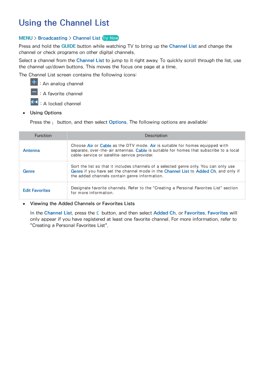 Samsung UN65HU9000 manual Using the Channel List, Menu Broadcasting Channel List Try Now, Using Options 