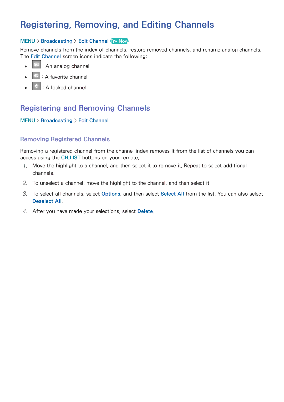 Samsung UN65HU9000 manual Registering, Removing, and Editing Channels, Registering and Removing Channels 