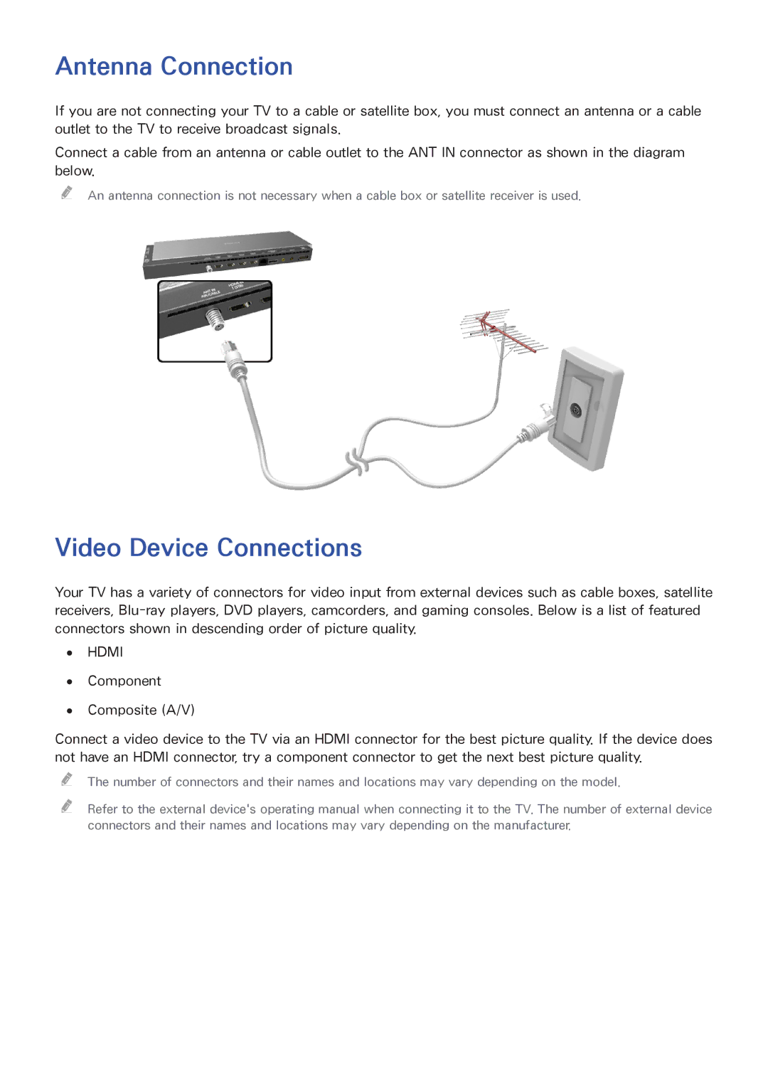 Samsung UN65HU9000 manual Antenna Connection, Video Device Connections 