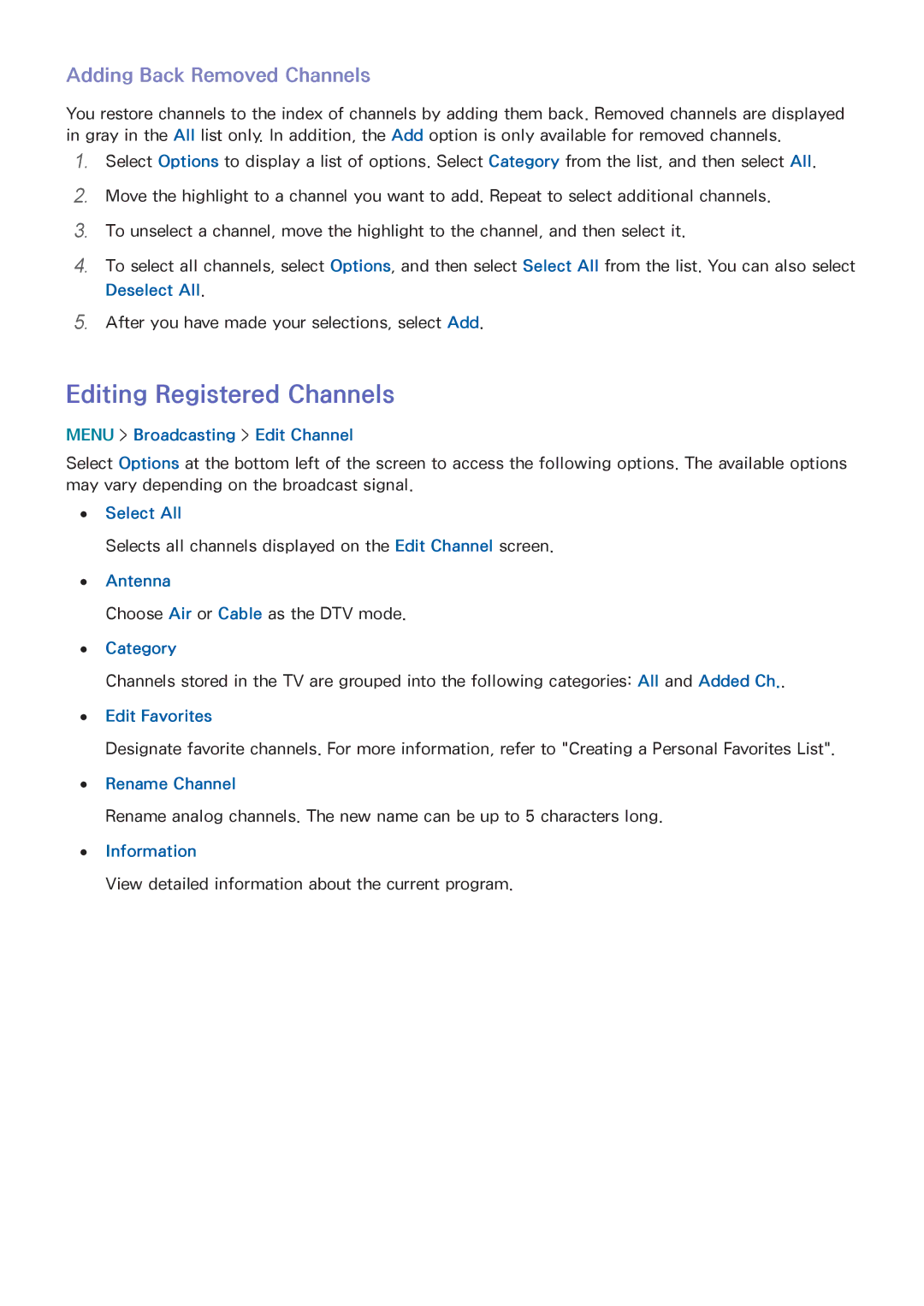 Samsung UN65HU9000 manual Editing Registered Channels, Adding Back Removed Channels 