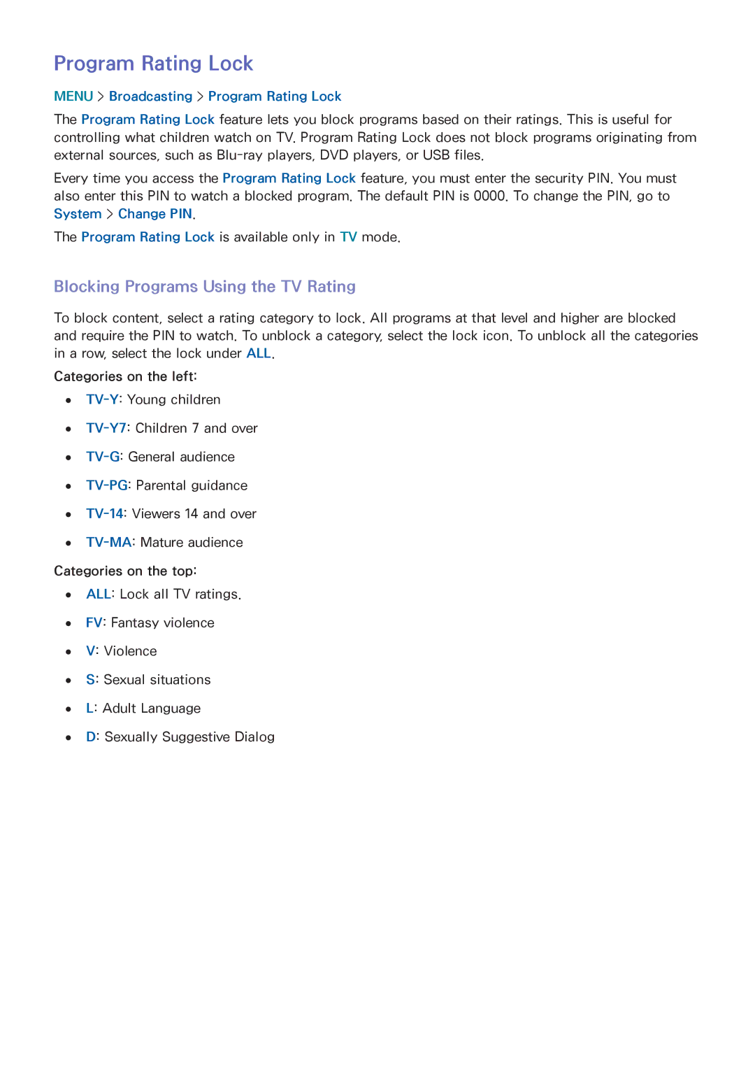 Samsung UN65HU9000 Blocking Programs Using the TV Rating, Menu Broadcasting Program Rating Lock, Categories on the top 