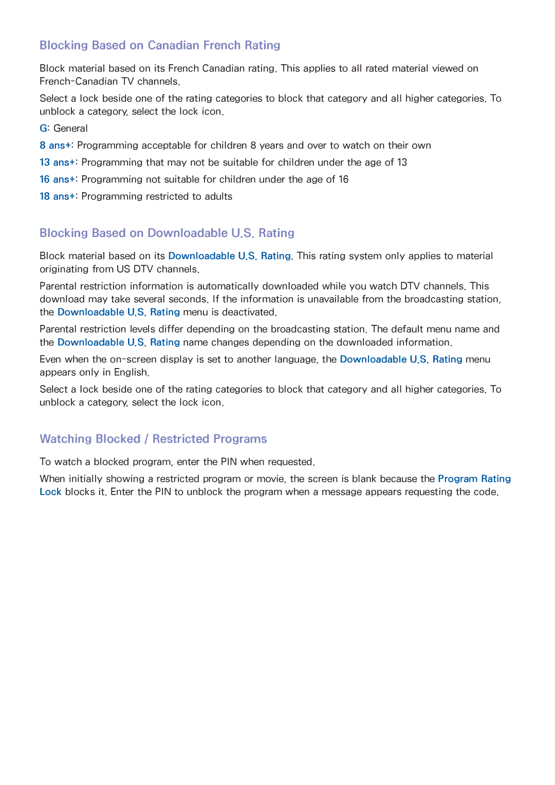 Samsung UN65HU9000 manual Blocking Based on Canadian French Rating, Blocking Based on Downloadable U.S. Rating 