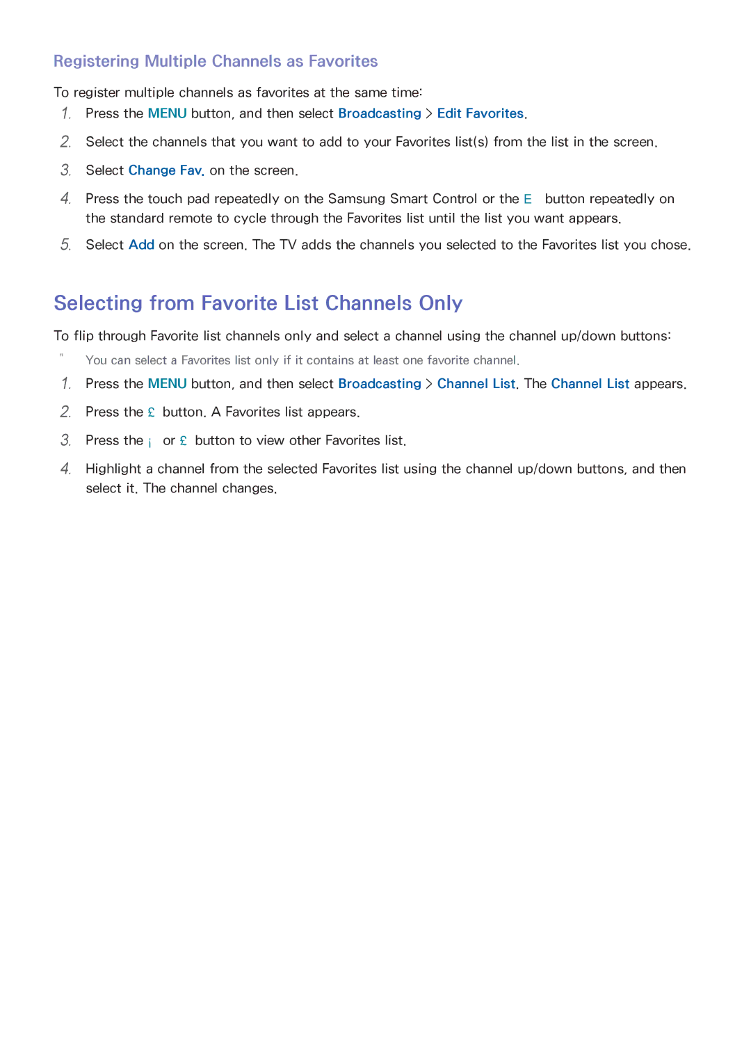 Samsung UN65HU9000 manual Selecting from Favorite List Channels Only, Registering Multiple Channels as Favorites 