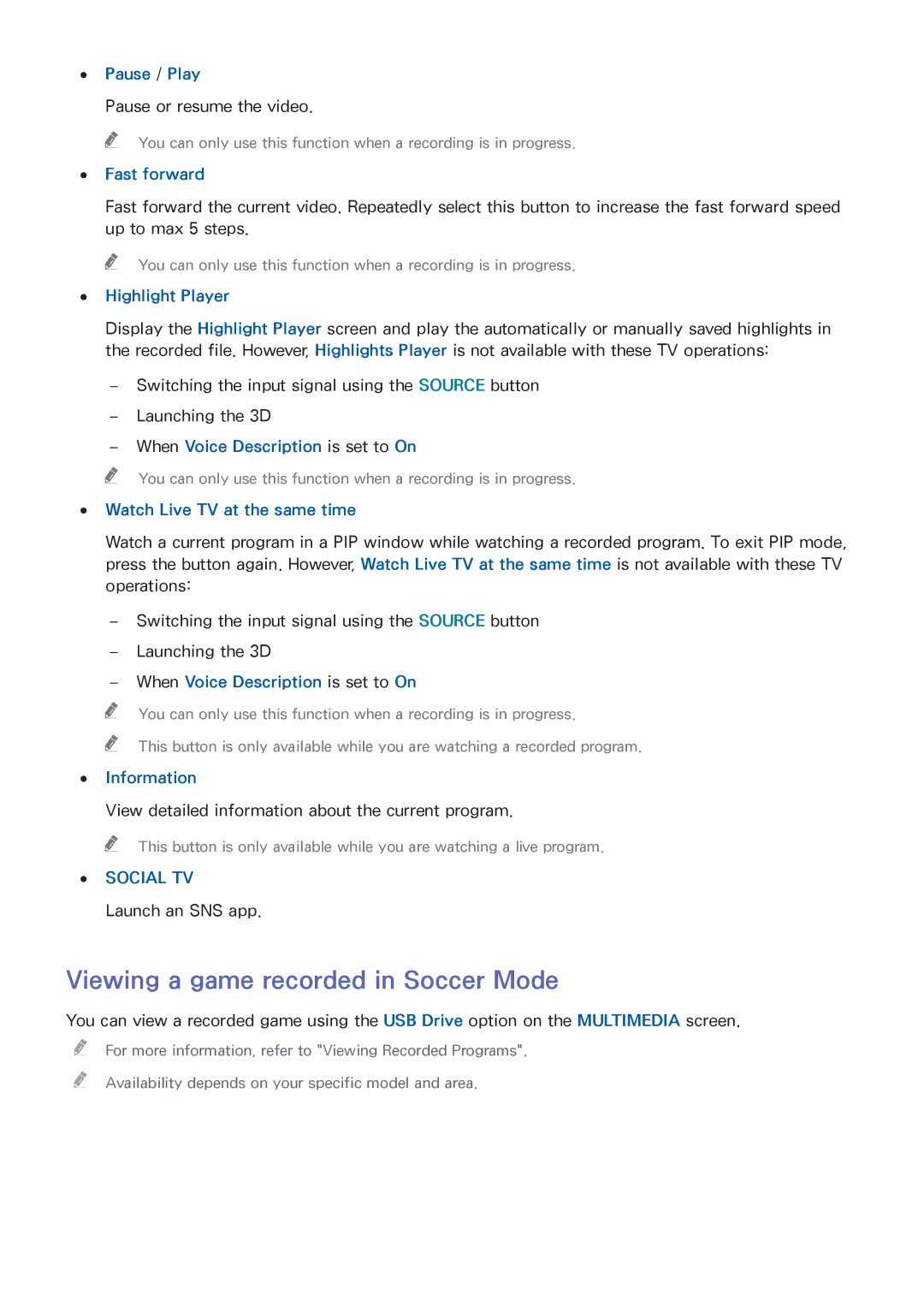 Samsung UN65HU9000 Viewing a game recorded in Soccer Mode, Pause or resume the video, Fast forward, Launch an SNS app 