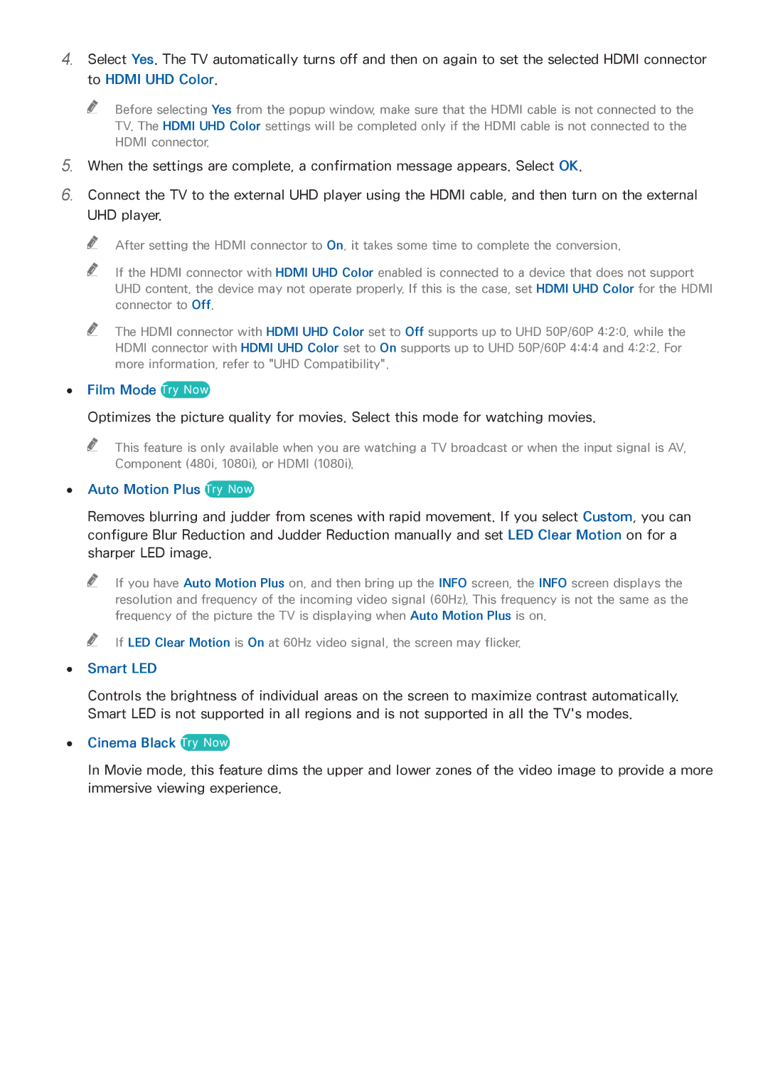 Samsung UN65HU9000 manual Film Mode Try Now, Auto Motion Plus Try Now, Smart LED, Cinema Black Try Now 