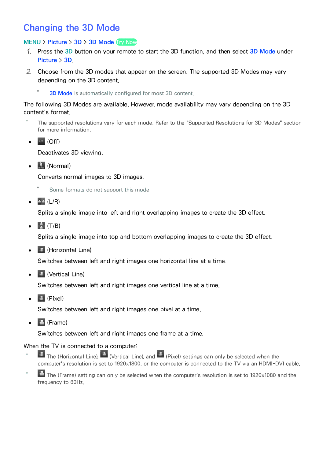 Samsung UN65HU9000 manual Changing the 3D Mode, Menu Picture 3D 3D Mode Try Now 