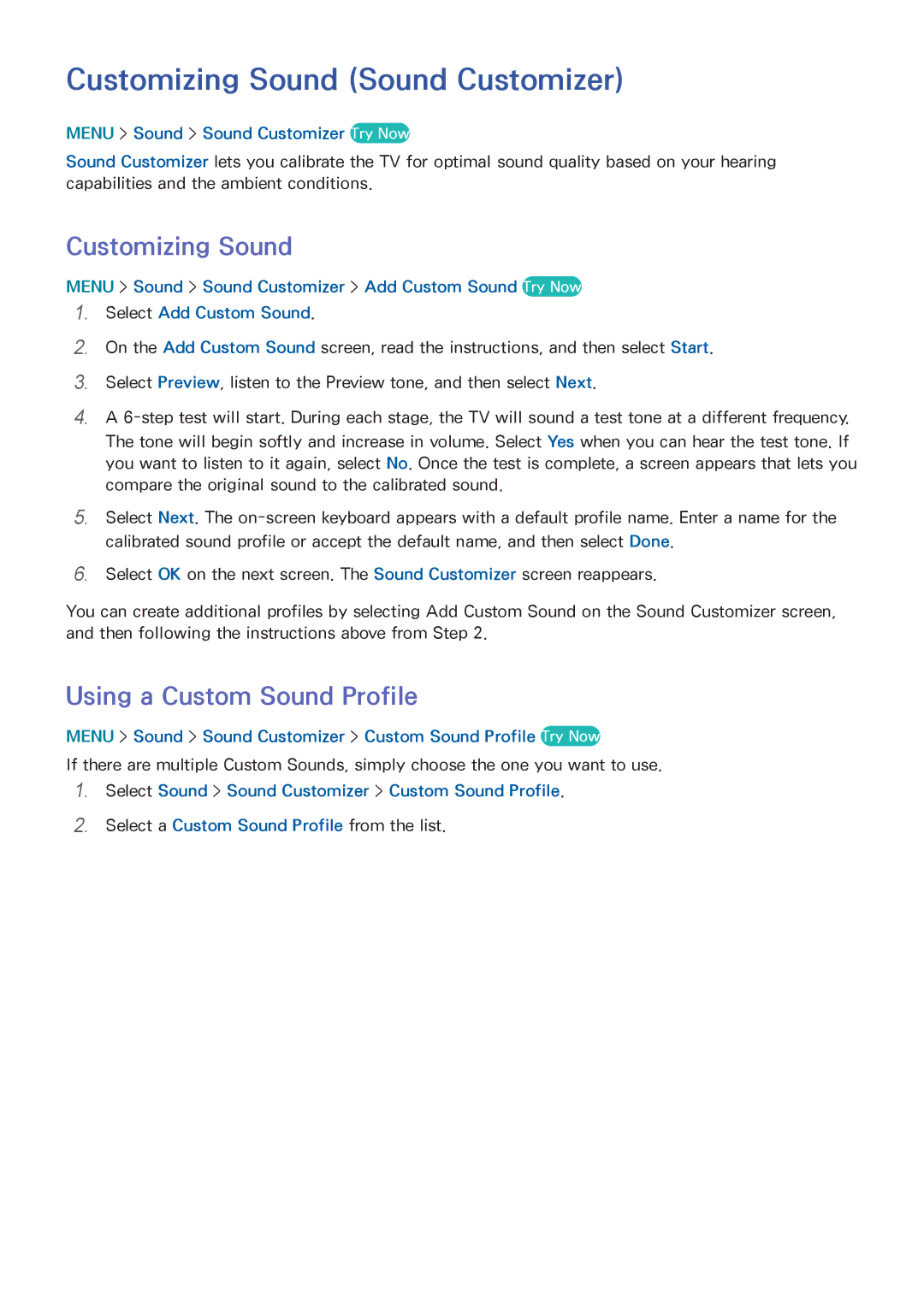 Samsung UN65HU9000 manual Customizing Sound Sound Customizer, Using a Custom Sound Profile 