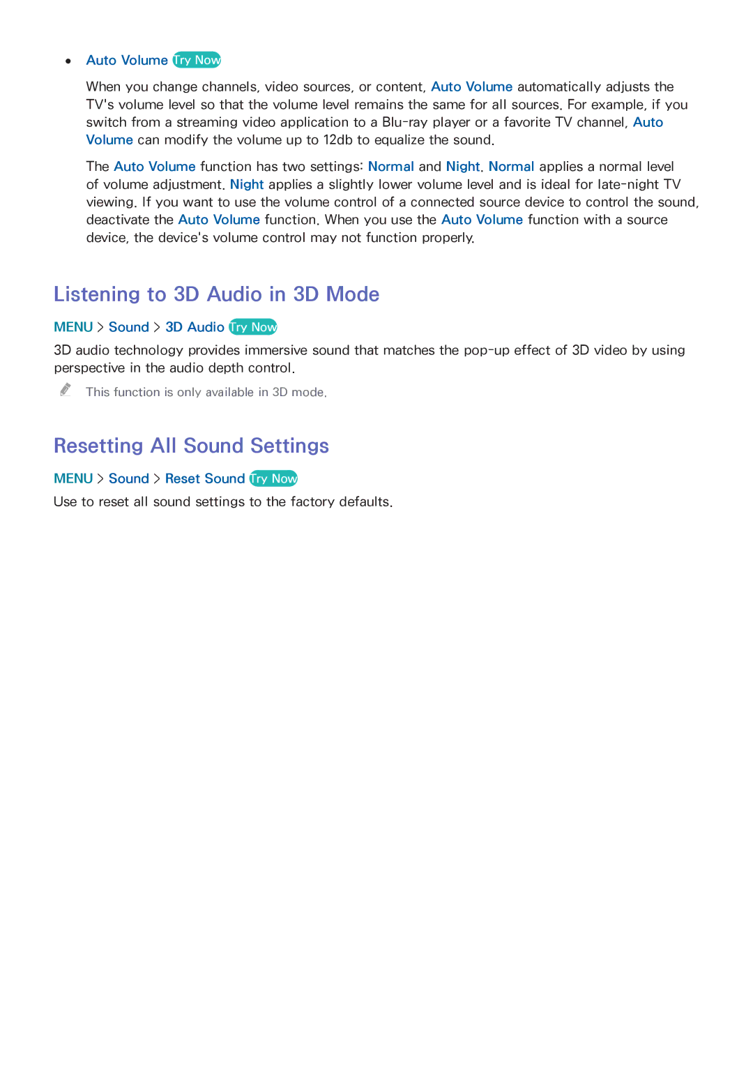 Samsung UN65HU9000 manual Listening to 3D Audio in 3D Mode, Resetting All Sound Settings, Auto Volume Try Now 