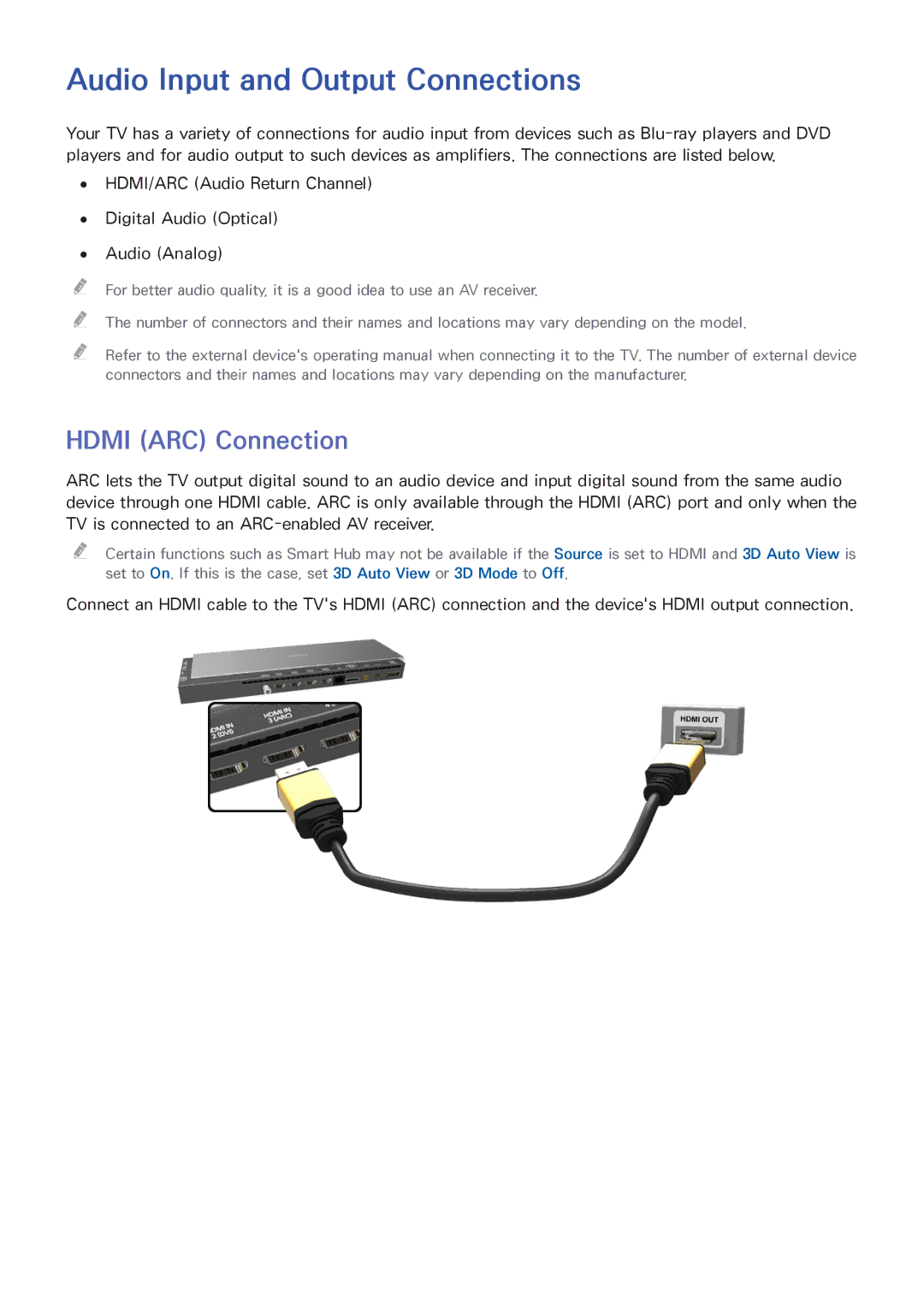 Samsung UN65HU9000 manual Audio Input and Output Connections, Hdmi ARC Connection 