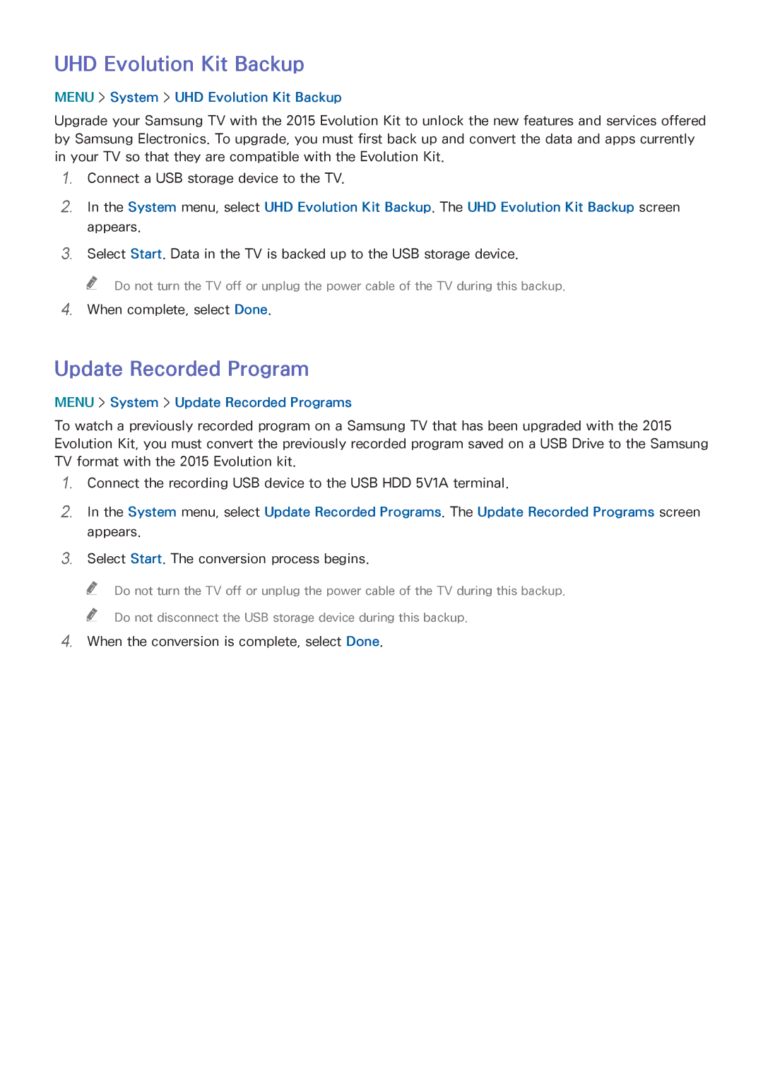 Samsung UN65HU9000 manual Menu System UHD Evolution Kit Backup, Menu System Update Recorded Programs 