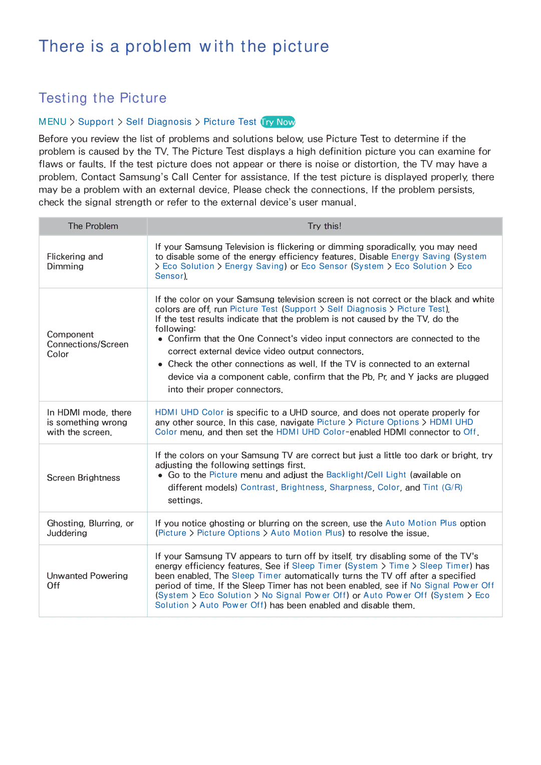 Samsung UN65HU9000 manual There is a problem with the picture, Testing the Picture 