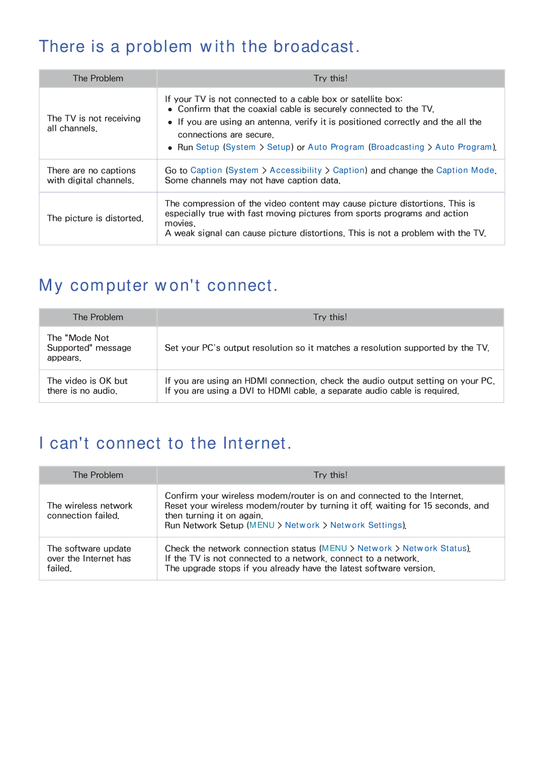 Samsung UN65HU9000 manual There is a problem with the broadcast, My computer wont connect, Cant connect to the Internet 