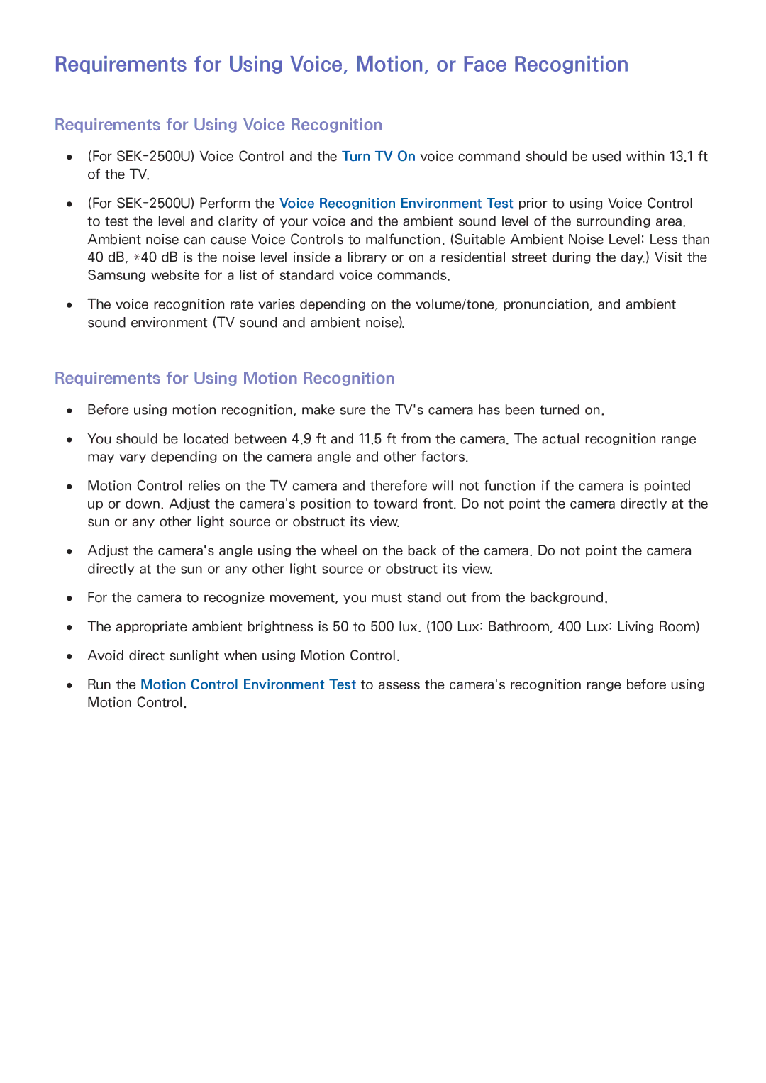 Samsung UN65HU9000 Requirements for Using Voice, Motion, or Face Recognition, Requirements for Using Voice Recognition 