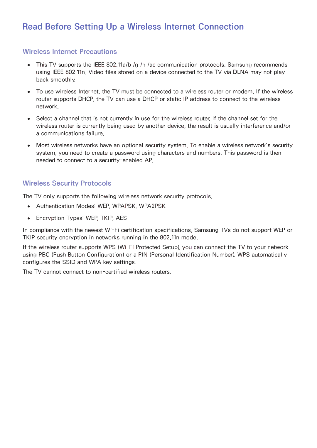 Samsung UN65HU9000 manual Read Before Setting Up a Wireless Internet Connection, Wireless Internet Precautions 