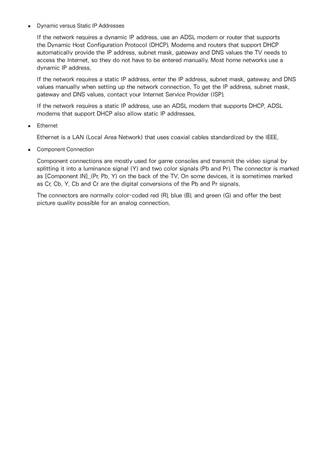 Samsung UN65HU9000 manual Dynamic versus Static IP Addresses, Ethernet, Component Connection 