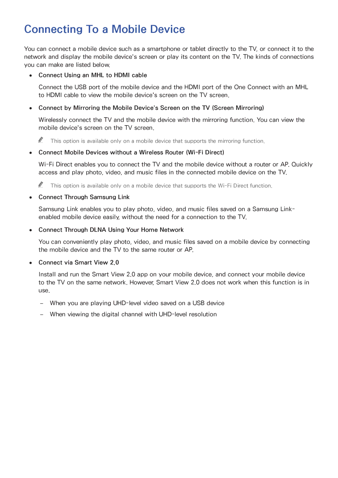 Samsung UN65HU9000 manual Connecting To a Mobile Device, Connect Using an MHL to Hdmi cable, Connect Through Samsung Link 