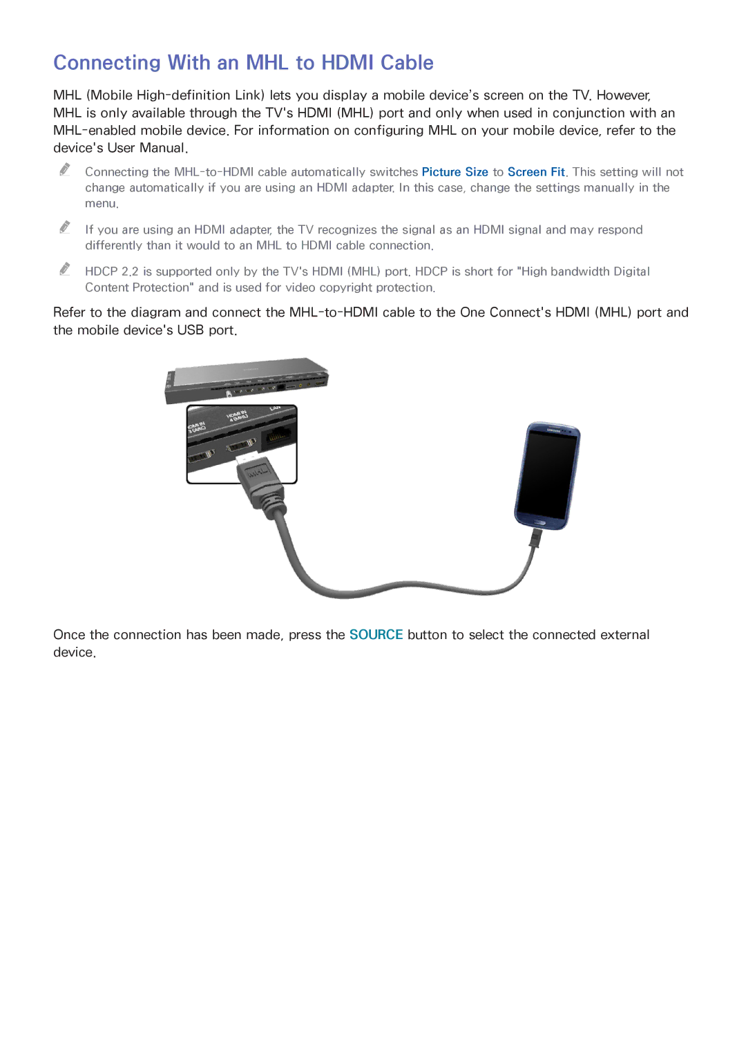 Samsung UN65HU9000 manual Connecting With an MHL to Hdmi Cable 