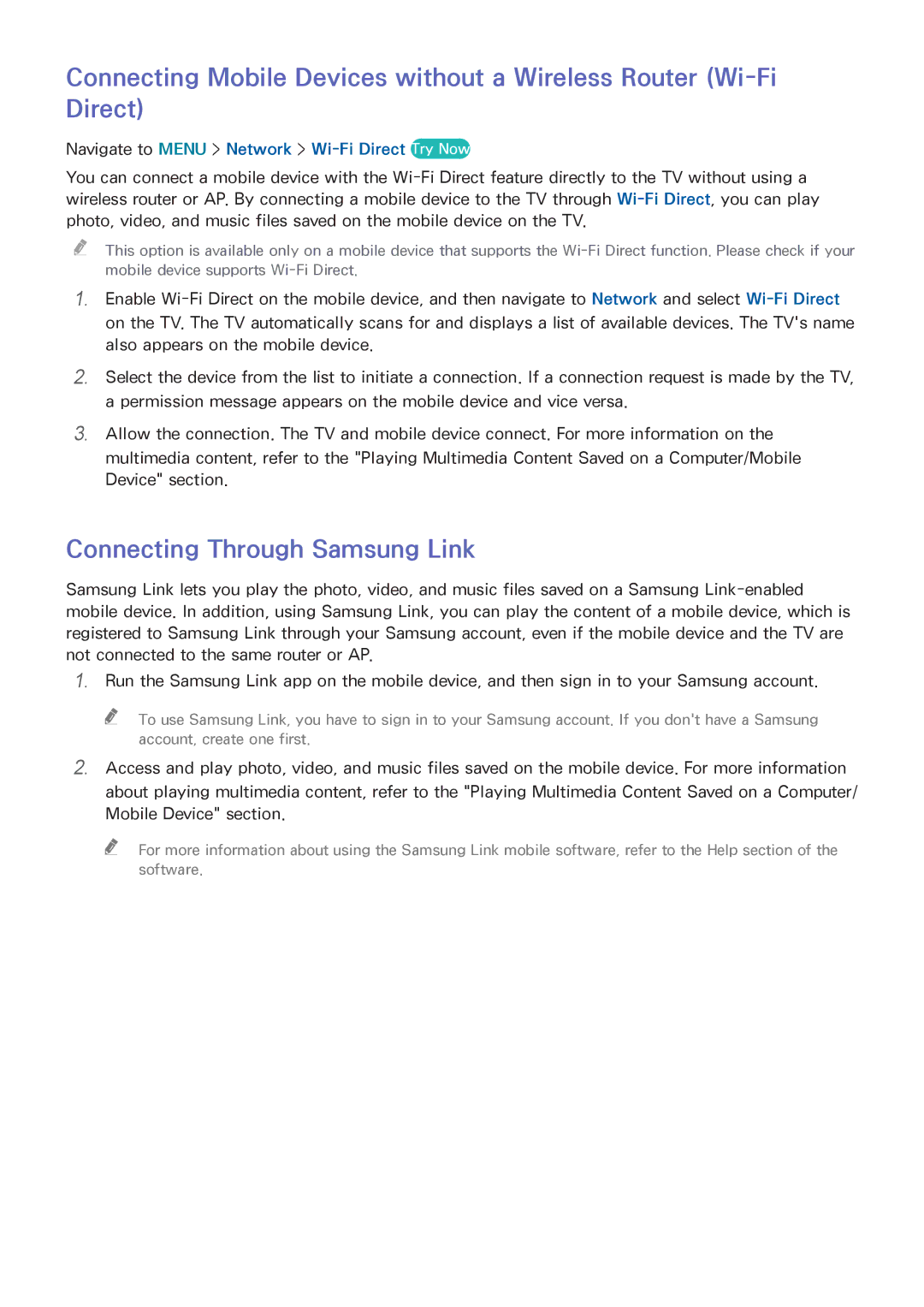 Samsung UN65HU9000 manual Connecting Through Samsung Link, Navigate to Menu Network Wi-Fi Direct Try Now 