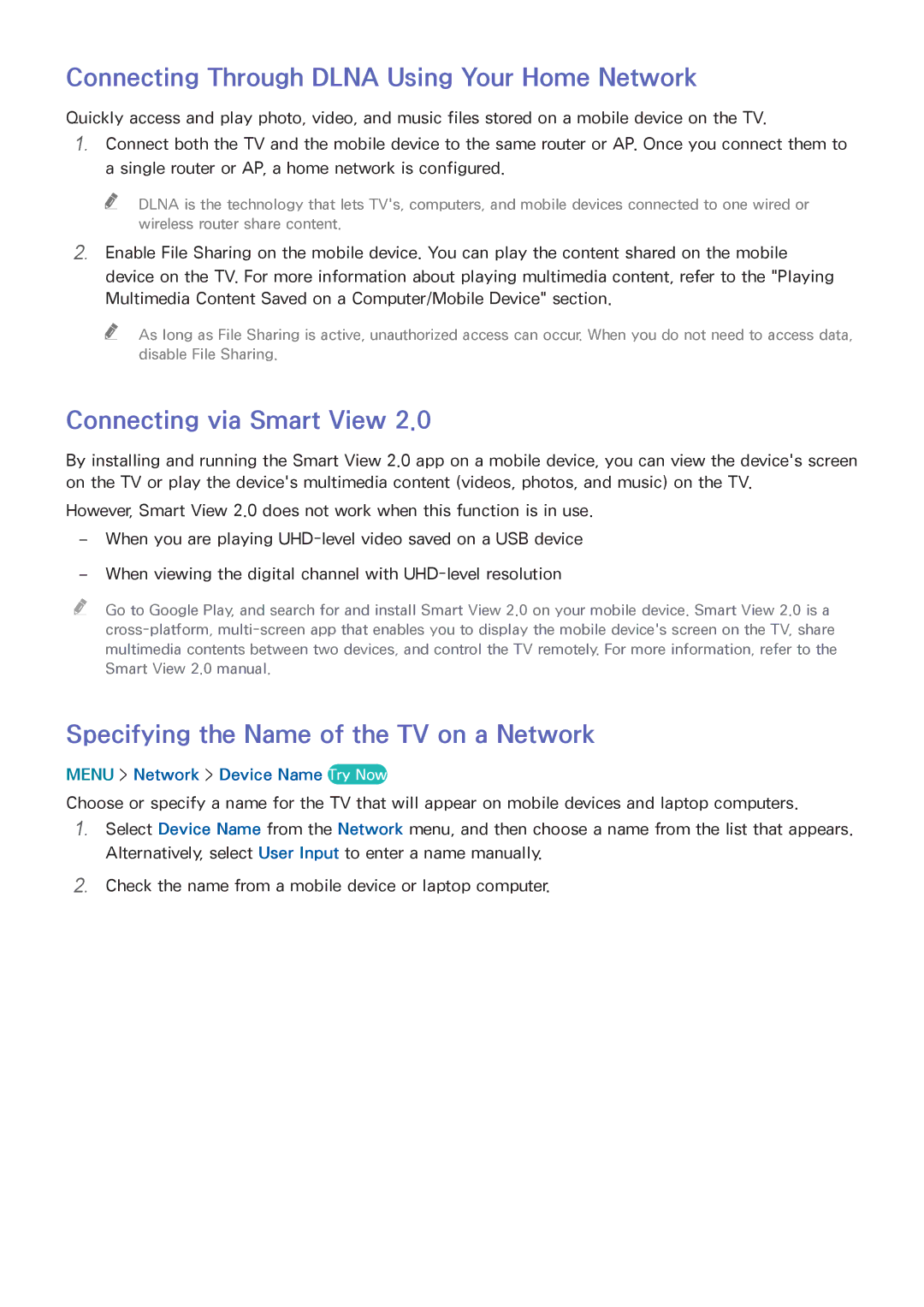 Samsung UN65HU9000 Connecting via Smart View, Specifying the Name of the TV on a Network, Menu Network Device Name Try Now 