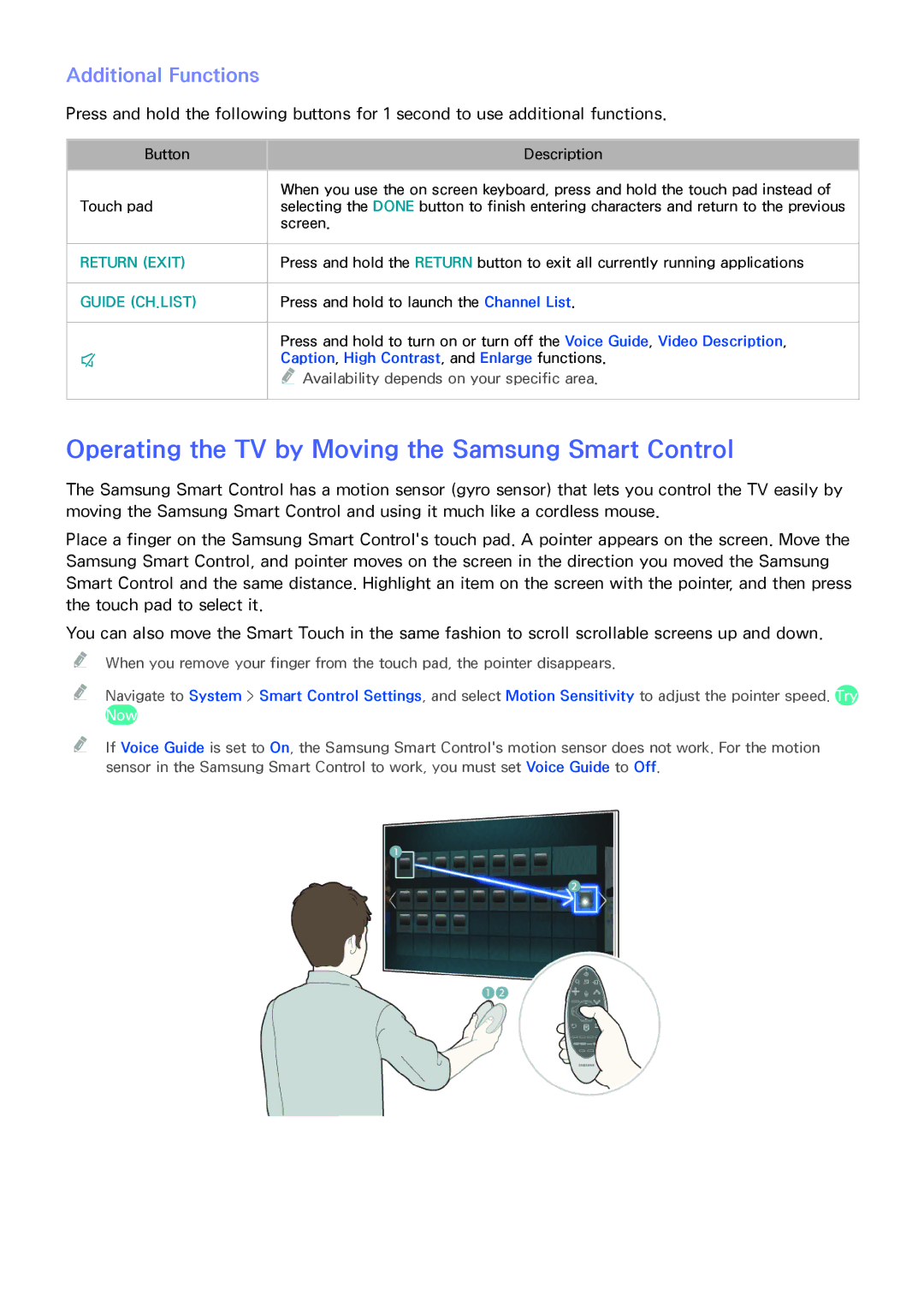 Samsung UN65HU9000 manual Operating the TV by Moving the Samsung Smart Control, Additional Functions 