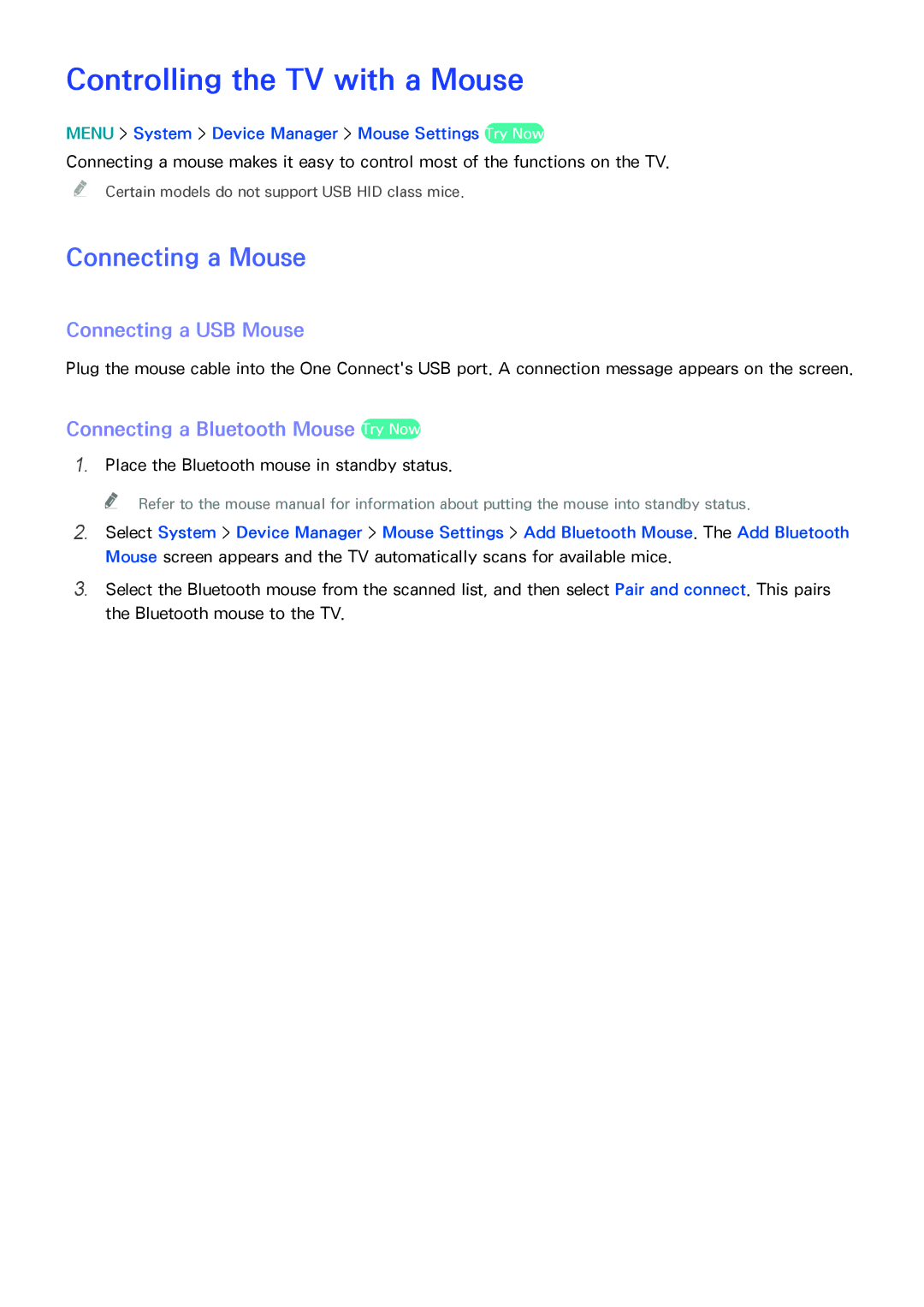 Samsung UN65HU9000 manual Controlling the TV with a Mouse, Connecting a Mouse, Connecting a USB Mouse 